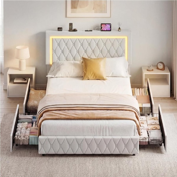 Advwin LED Bed Frame with 4 Storage Drawers and Charging Station Double Chesterfield Bed Velvet Upholstered Platform Beige