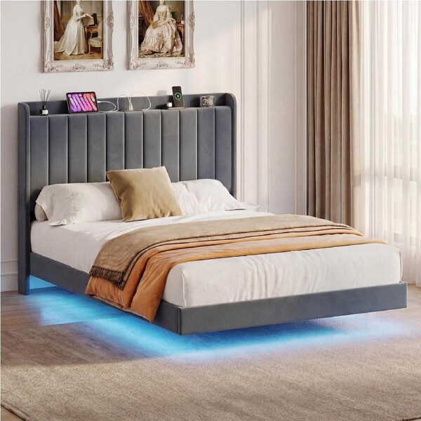 Advwin Floating Bed Frame with LED Lights and Storage Headboard Velvet Upholstered Platform Bed with Charging Station Queen Size Grey