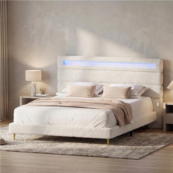 Advwin Queen Size Bed Frame Teddy Fleece Curved Shaped Upholstered with LED Lights & Dual Charging Ports White
