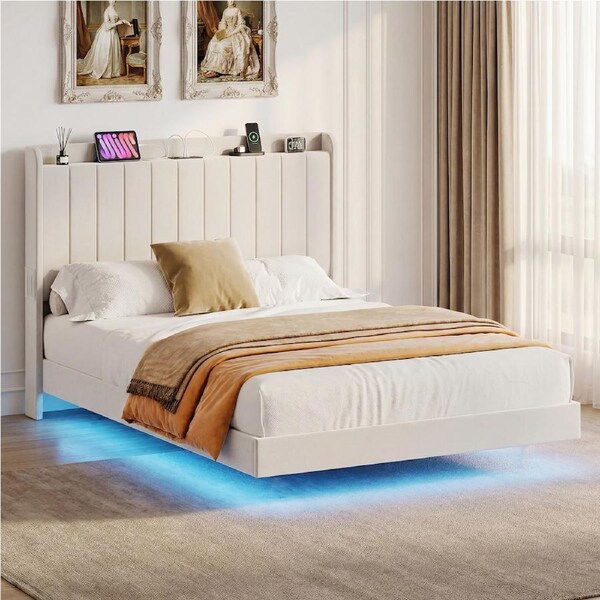 Advwin Floating Bed Frame with LED Lights and Storage Headboard Velvet Upholstered Platform Bed with Charging Station Queen Size Beige