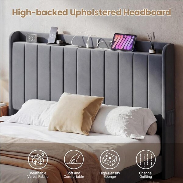 Advwin Floating Bed Frame with LED Lights and Storage Headboard Velvet Upholstered Platform Bed with Charging Station Double Size Grey
