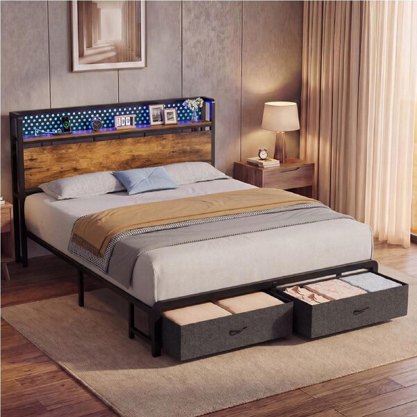 Advwin LED Bed Frame with Charging Station Metal Platform Bed Frames with 2 Storage Drawers Double Size Retro Brown