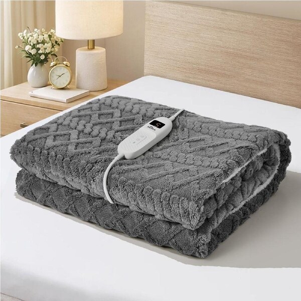 Bedra Electric Throw Rug Dual Side Heated Blanket Flannel&Sherpa Square Pattern Grey
