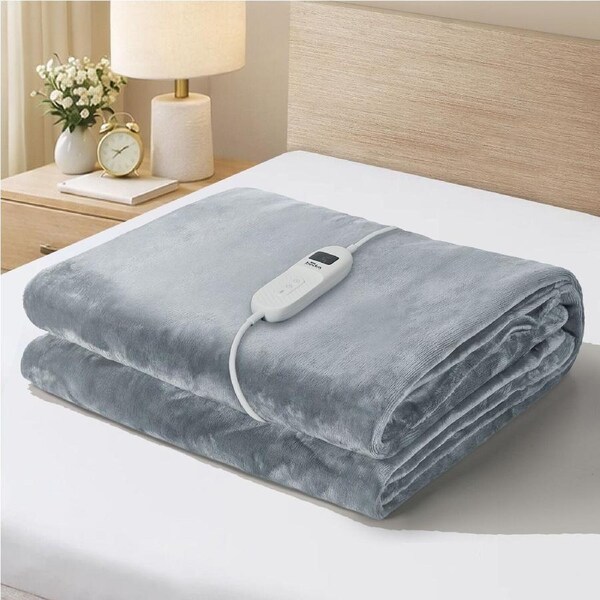 Bedra Electric Throw Rug Washable Heated Blanket Flannel Winter Warm Light Grey