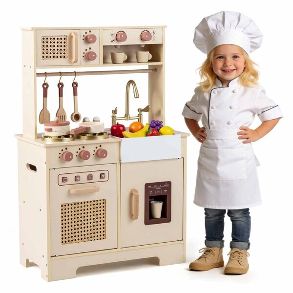 Costway Play Kitchen Wooden Kitchen Playset w/Stoves Sink Ice Machine Coffee Maker Chef Pretend Toy Set Birthday Gift