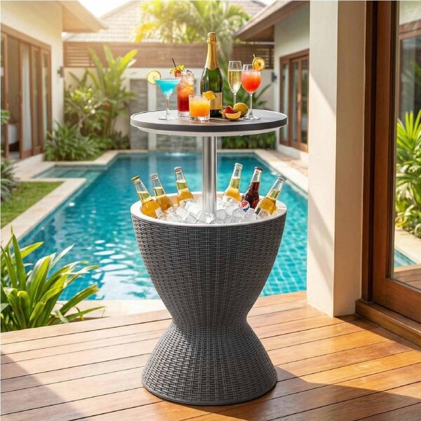 Costway 30L Cooler Ice Bucket Bar Table All-weather Coffee Table Rattan Outdoor Furniture Party Poolside Barbecue Grey