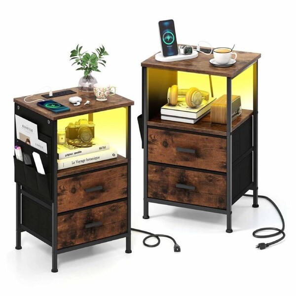 Costway 2x End Table LED Lighted Nightstand w/Charging Station Drawers 6Storage Pocket Bedside Couch Side Shelf Brown