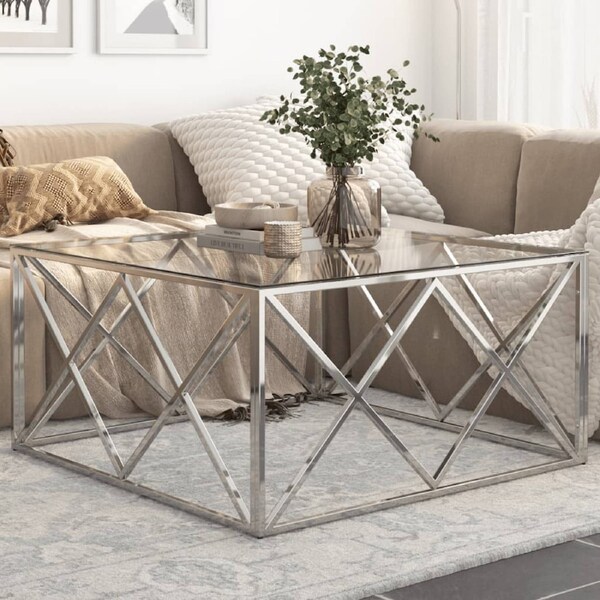 Coffee Table Silver Stainless Steel and Tempered Glass vidaXL