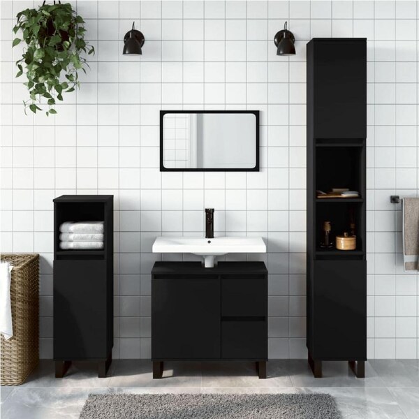 3 Piece Bathroom Furniture Set Black Engineered Wood vidaXL