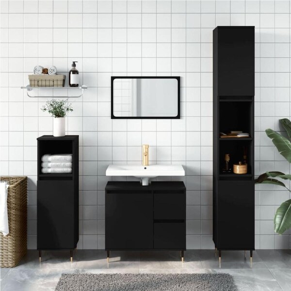 3 Piece Bathroom Furniture Set Black Engineered Wood vidaXL