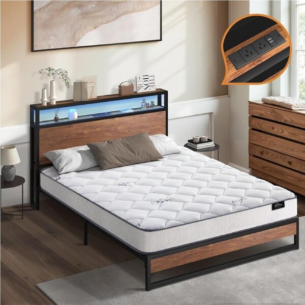 Oikiture Metal Bed Frame Queen Size LED Storage USB with Mattress