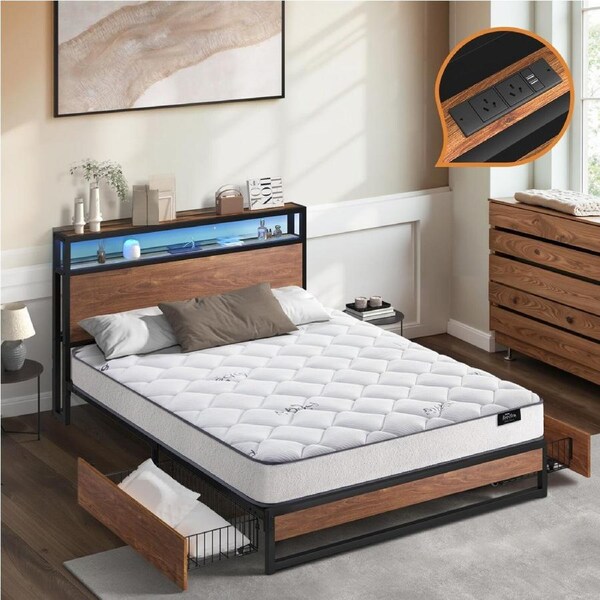 Oikiture Metal Bed Frame Double Size LED 2 Storage Drawers USB with Mattress