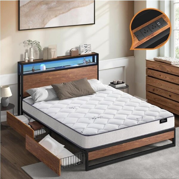 Oikiture Metal Bed Frame King Size LED 4 Storage Drawers USB with Mattress