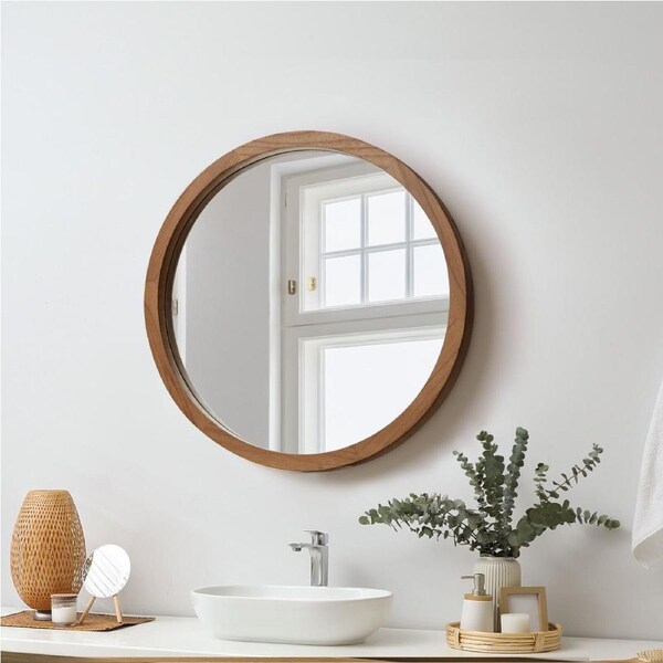 Oikiture 50cm Walnut Wall Mirrors Round Makeup Mirror Vanity Home Decor Bedroom