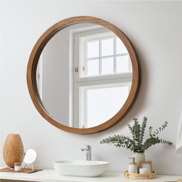 Oikiture 70cm Walnut Wall Mirrors Round Makeup Mirror Vanity Home Decor