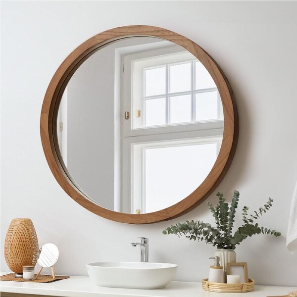 Oikiture 80cm Walnut Wall Mirrors Round Makeup Mirror Vanity Home Decorative