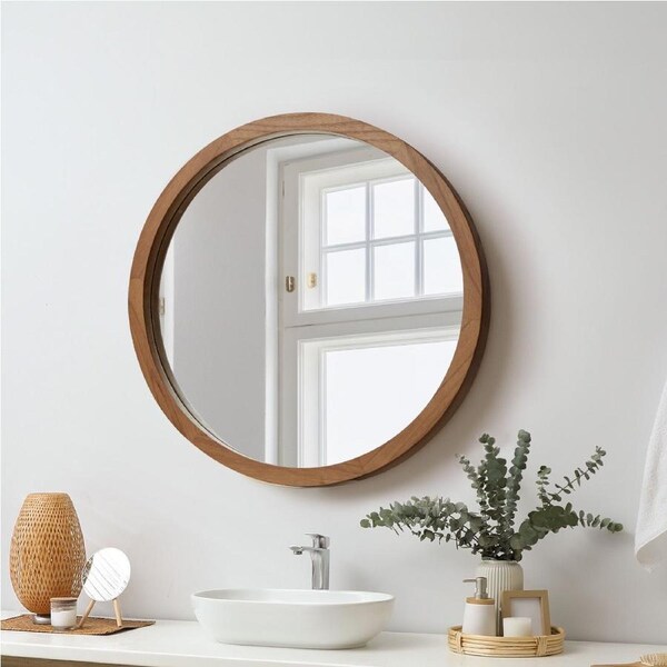 Oikiture 60cm Walnut Wall Mirrors Round Makeup Mirror Home Decor Dining Room