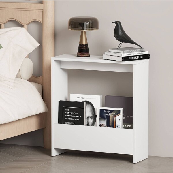 Levede Side Table with Magazine Rack Small End Table Narrow Coffee Table White