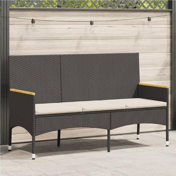 Garden Bench 3-Seater with Cushions Black Poly Rattan vidaXL