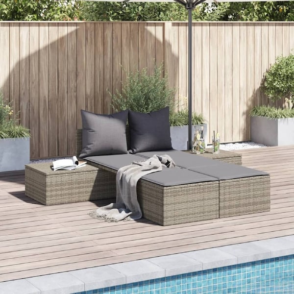 Double Sun Lounger with Cushions Grey Poly Rattan vidaXL