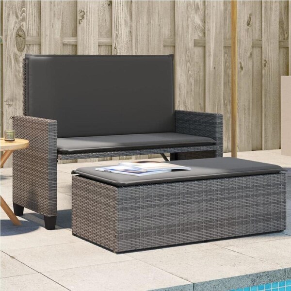 Garden Bench with Cushions and Footstool Grey Poly Rattan vidaXL