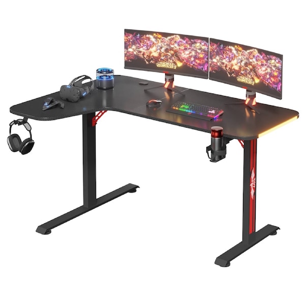 Advwin L Shape LED Gaming Desk 140cm Corner Table Computer Desk Black