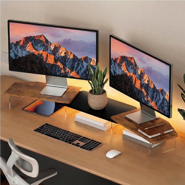 Advwin LED Dual Monitor Stand w/ Acrylic Leg Wood Desktop Organizer Ergonomic Desk Stand Walnut