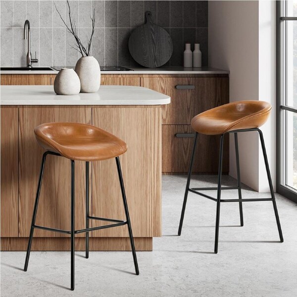 Oikiture 2X Bar Stools Kitchen Dining Chairs Metal Counter Stool PU Leather Brown