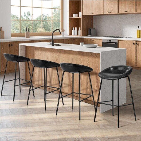 Oikiture 4X Bar Stools Kitchen Dining Chairs Metal Counter Stool PU Leather Black