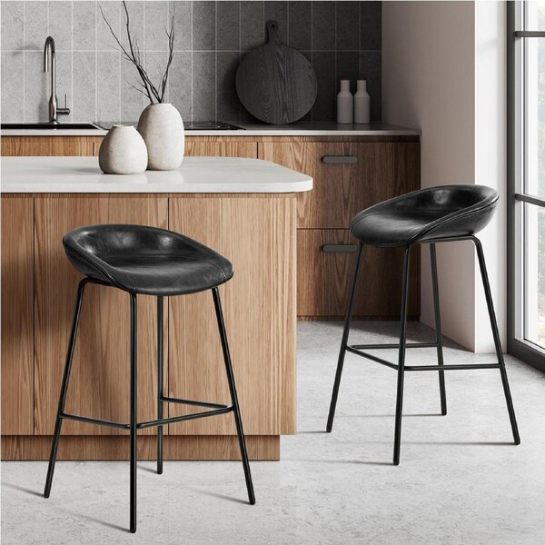 Oikiture 2X Bar Stools Kitchen Dining Chairs Metal Counter Stool PU Leather Black