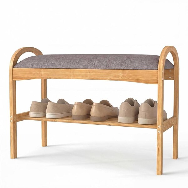 Giantex Compact Bamboo Shoe Bench w/2-Tier Storage Shelf & Padded Cushion Space-Saving Entryway Organizer for Hallway Foyer Living Room 70 x 31 x 51 cm