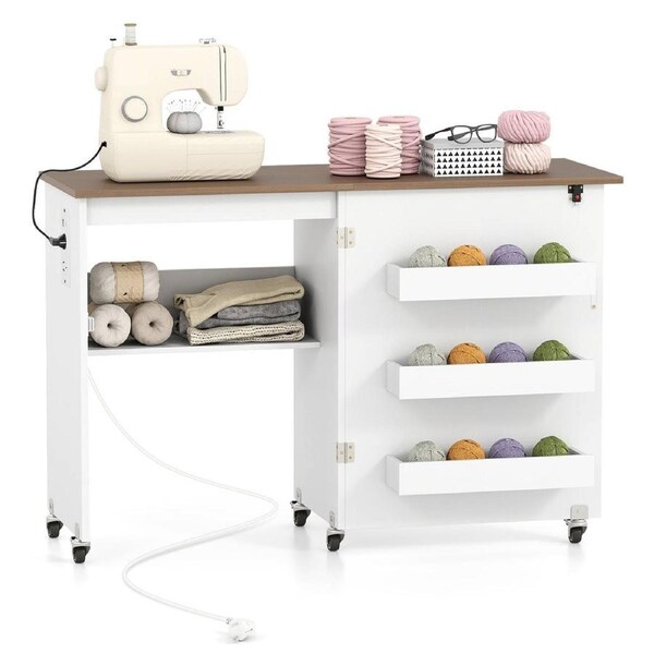 Giantex Folding Sewing Table w/Charging Station Collapsible Craft Cart w/Portable Rolling Storage Cabinet w/Lockable Wheels Power Outlets & USB Ports
