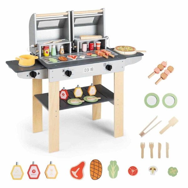 Costway Wood Barbecue Grill Playset Pretend BBQ Play Set Kitchen Cooking Toy w/2 Grills & Flip-Top Grill Covers