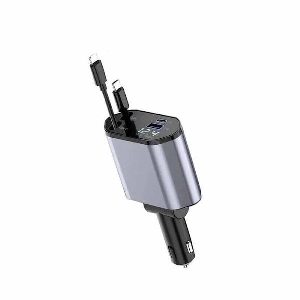 4 IN 1 Retractable Car Charger Cable Dual Port USB-C PD Fast Charging Adapter