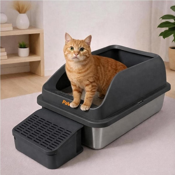 Pawz Stainless Steel Cat Litter Box Big Cats Kitten High Sided Easy Clean Grey