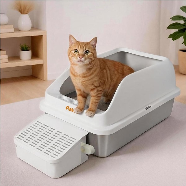 Pawz Stainless Steel Cat Litter Box Big Cats Kitten High Sided Easy Clean White