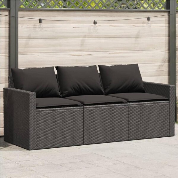 Garden Sofa with Cushions 3-Seater Black Poly Rattan vidaXL