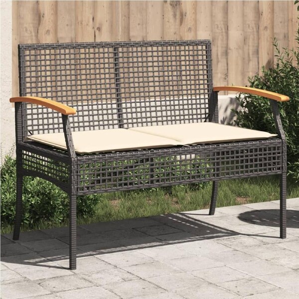 Garden Bench with Cushion Black Poly Rattan Acacia Wood vidaXL