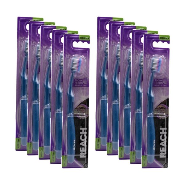 10PK Reach Ultimate Care Toothbrush W/ Multi-Level Bristles Med Asstd Colours