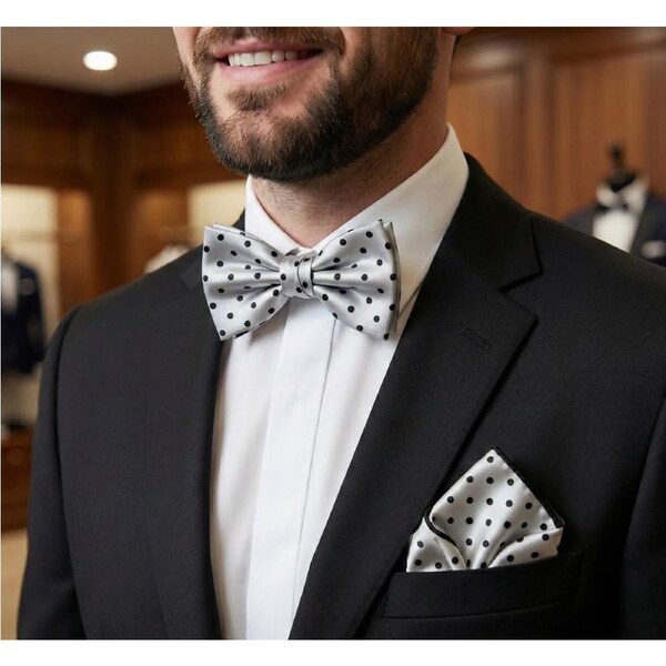 Formalaties Luxury Satin Polka Dot Hank Pocket Square & Bow Tie in Silver/Black