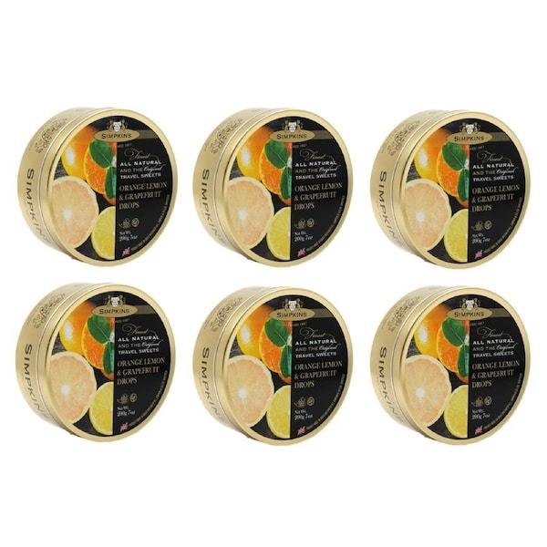 Simpkins Orange Lemon Grapefruit Drops 200g x 6 Tins