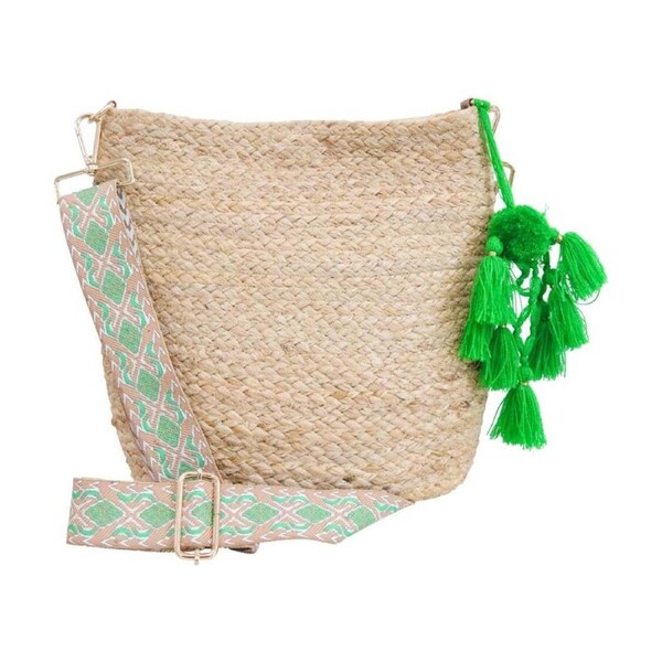 LVD Jute Women Tote Handbag W/ Green Cross Body Strap 30x10x27cm