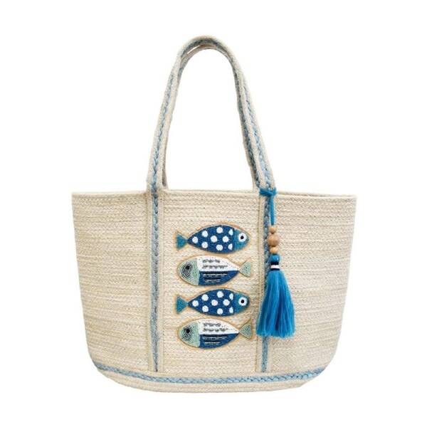 LVD Womens Jute Beaded Sardinia Bag Blue Fish Handbag 50x20x30cm