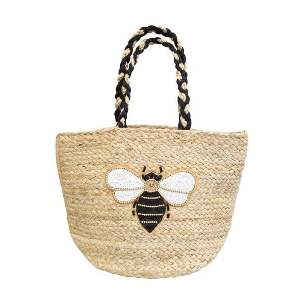 LVD Womens Black/White Woven Jute Beaded Bumble Bee Handbag 40x22x30cm