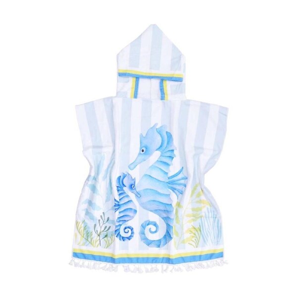 LVD Kids Blue Seahorse Microfibre Poncho Towel W/ Pockets 70x70cm