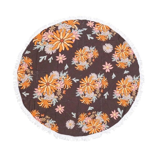 LVD Round Micrfibre Beach Towel Retro Flowers Adele Orange/Brown 150x150cm