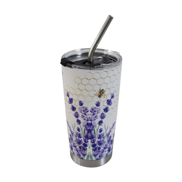 3pc LVD Straw Drink Cup Set W/ Lavender Bee & Straw-Cleaning Brush 600ml