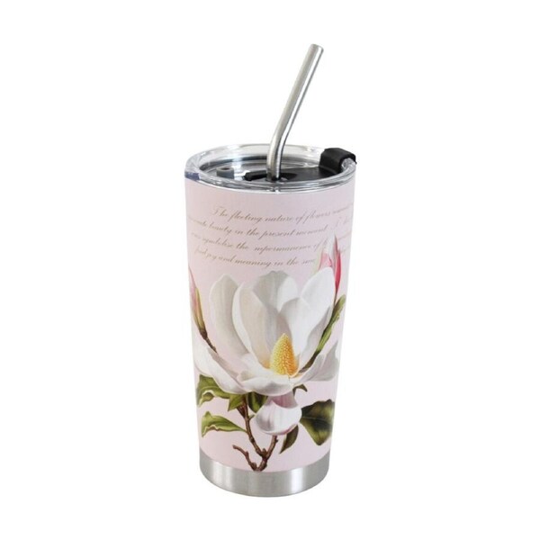 3pc LVD Straw Drink Cup Set W/ Magnolia & Straw-Cleaning Brush 600ml