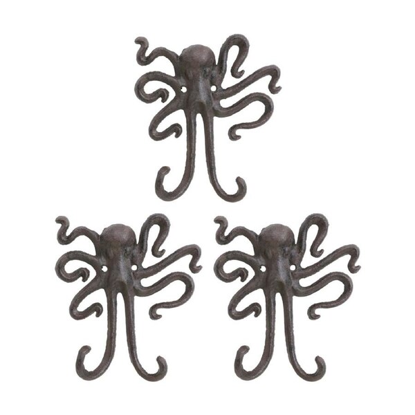 3PK LVD Double Octopus Wall Decoration Hook Coastal Home Decor 13.5x3x15.5cm