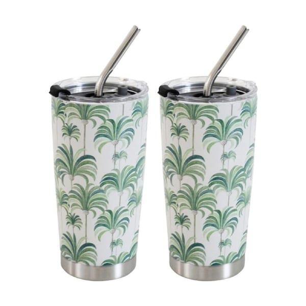 2x 3pc LVD Straw Drink Cup Set W/ Palm Tree & Straw-Cleaning Brush 600ml